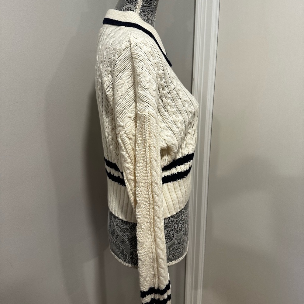 NWT Pink Rose Preppy Cream & Navy  Cable Knit Collared Cardigan. Ribbed Hem. S - Picture 14 of 16